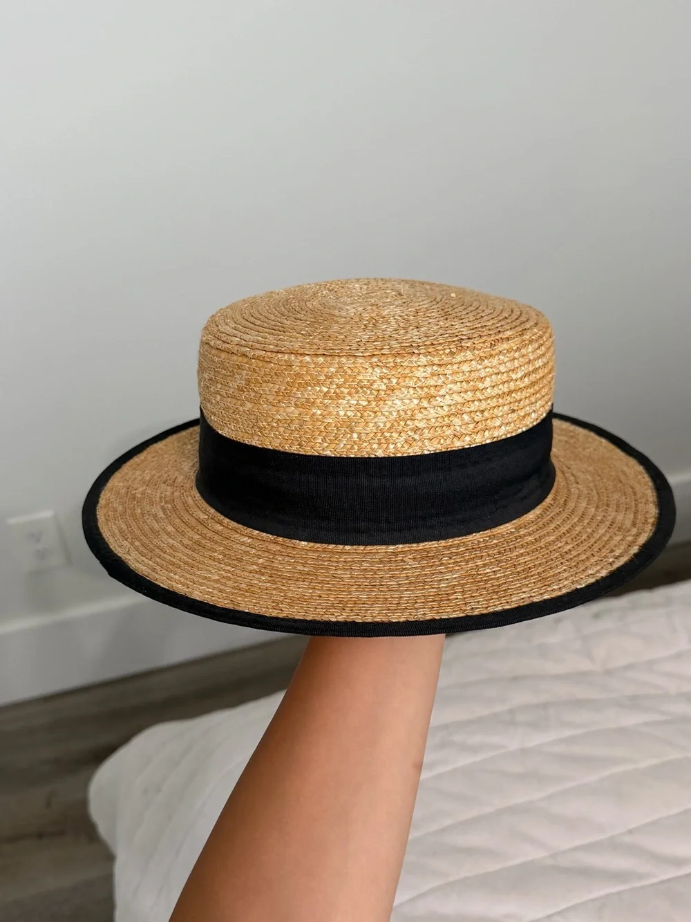 Girls Zara Tan Straw Boater Hat with Black Band